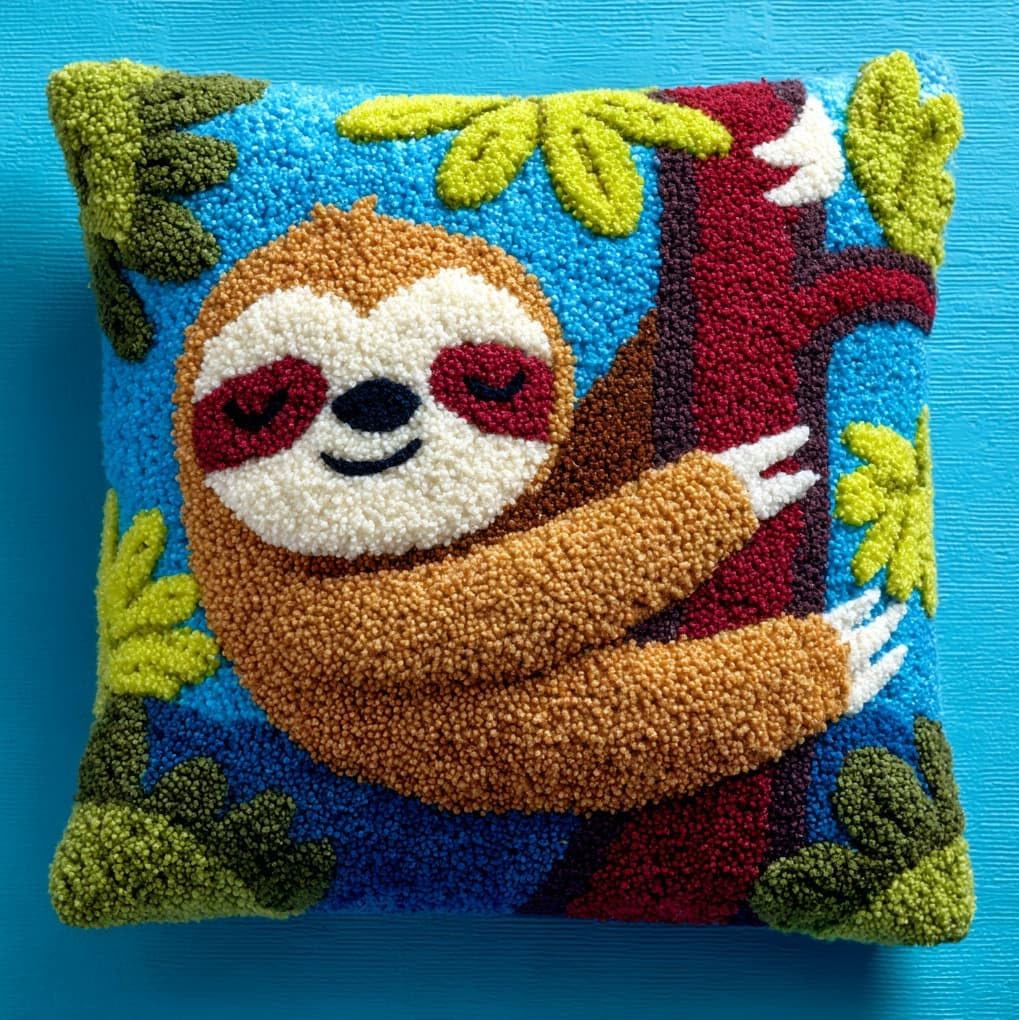 WallustrioaW Latch Hook Kits Pillow for Adults,Animal Sloth,Latch Hook Kit Cushion,Embroidery DIY Needlework Pillow Cover,17x17in