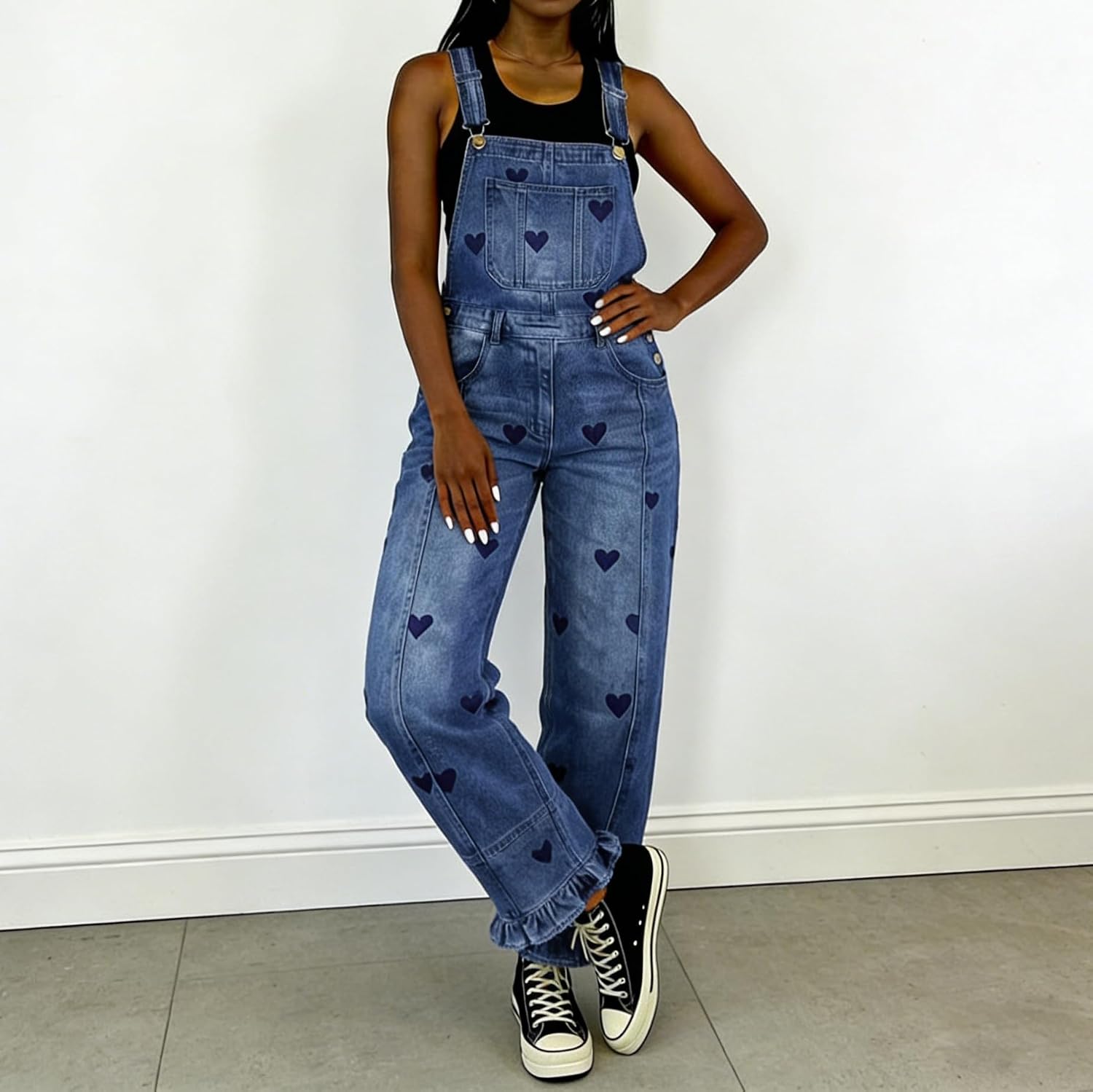 utcoco Womens Heart Printed Denim Overalls Y2k Baggy Patchwork Boyfriend Barrel Jeans Wide Leg Denim Jumpsuit