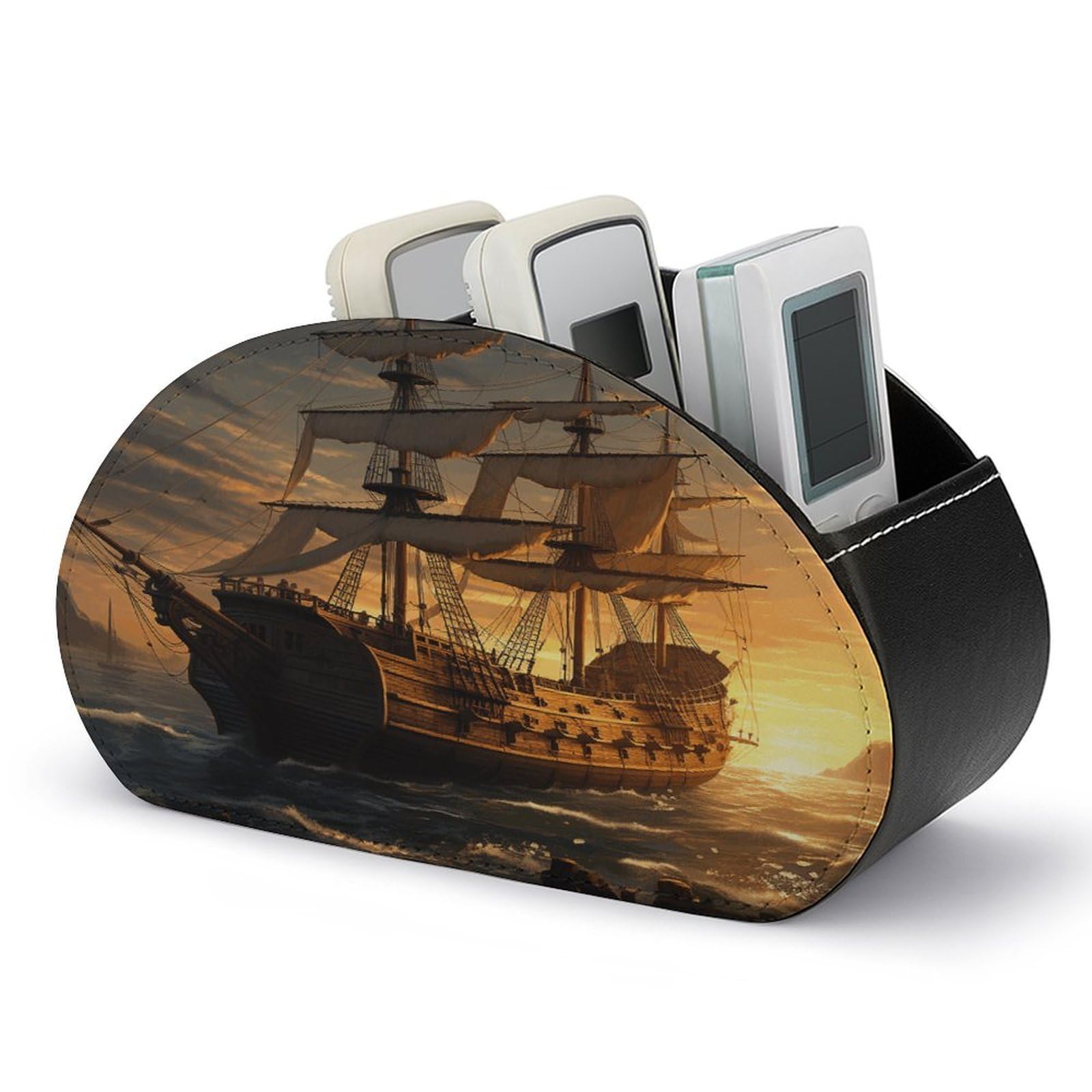VstaDank Fantasy Pirate Ship Remote Control Holder Farmhouse TV Media Remote Storage Box with 5 Compartments PU Leather Remote Caddy Desktop Organizer for Home Bedside Table Organizer