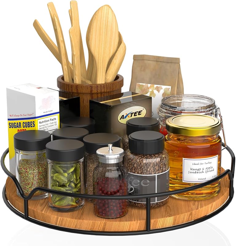 Lazy Susan Organizador de plato giratorio para gabinete, despensa, cocina, encimera, refrigerador, armario, madera de pino, 9 pulgadas, negro carbonizado