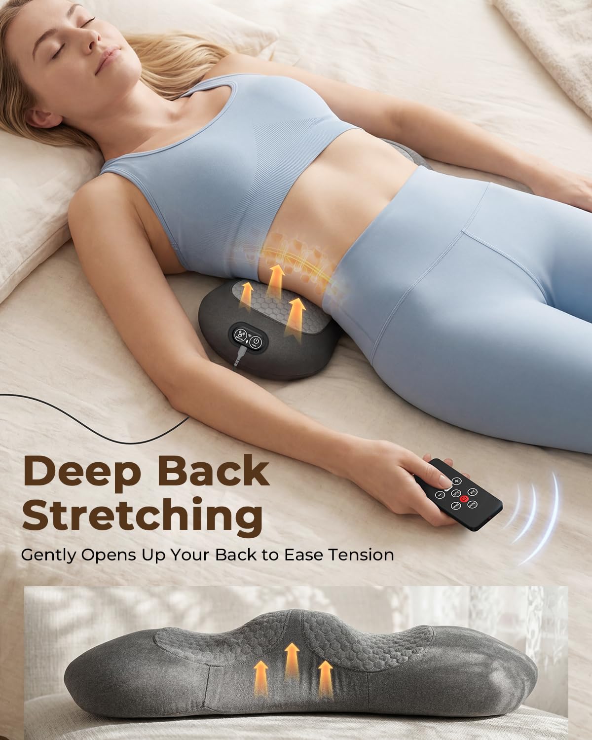 3-in-1 Lendenwirbelstützkissen mit Fernbedienung, Triple Fusion Rückenmassagegerät mit Wärme, Vibration & Dehnung für den unteren Rücken, Tragbares elektrisches Lendenkissen für Zuhause, Büro, Reisen