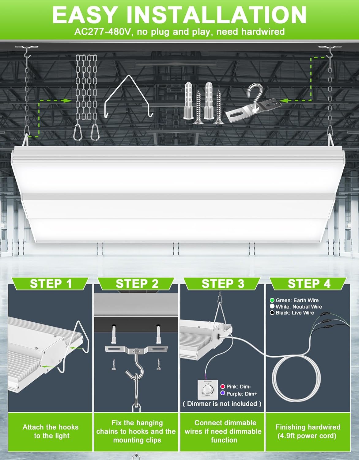KUKUPPO 480 Volt 150W LED High Bay Shop Light1.3FT, Dimmable LED High Bay Linear Light Commercial Shop Fixture for Shop Indoor, 22,500lm 5000K Daylight White, 277-480VAC, ETL Listed