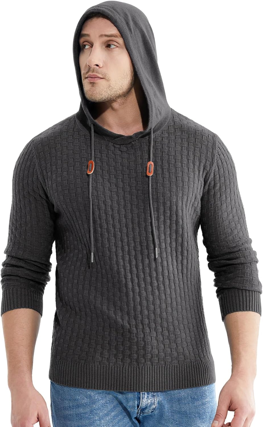 Askdeer Men's Pullover Sweater Long Sleeve Waffle Knitted Sweater Casual Soft Hoodie Pullover Sweaterwith Ribbing Edge Dark Gray - Image 2