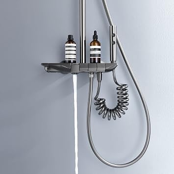 Lefton All-in-one Shower Set with Dual Shower Head, Shower Faucet Set with Spray Gun, 4 Control Buttons, Adjustable Water Outlet Modes, Grey, SS2201-2
