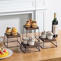 Vista 7 de MyGift Juego de exhibición de mesa de postre, 4 elevadores de alimentos, elevadores de bufé de madera marrón, soporte para pizza con base de alambre