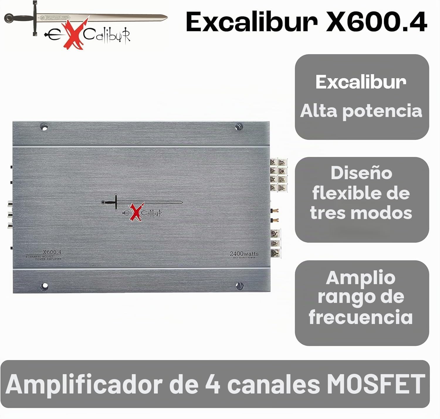 Excalibur X600.4 – Amplificador Estéreo 4 canales (2400 W, Crossover variable, 2 Ohmios)