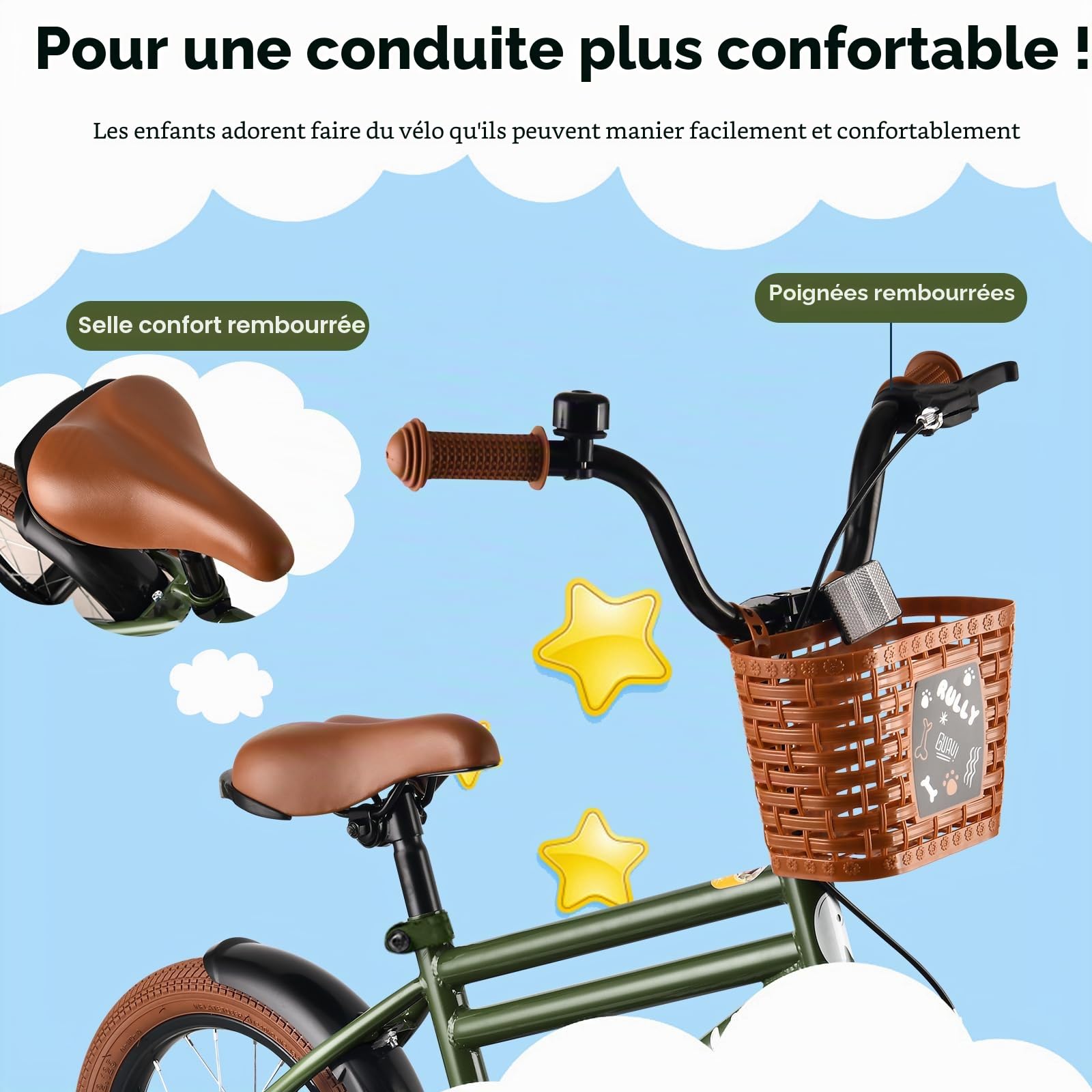 RULLY Vélo enfant 12-16 pouces avec roues stabilisatrices frein à rétropédalage frein à main panier