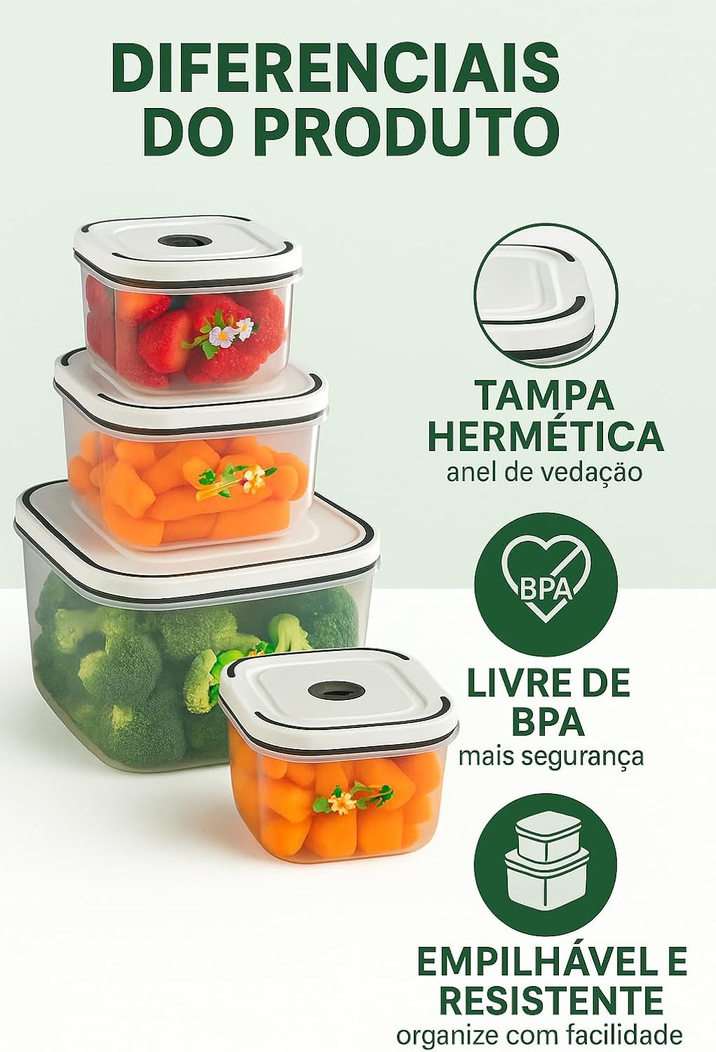 Kit 5 Potes Herméticos Plástico Transparente com Tampa Vedação – 360ml, 650ml, 1000ml, 1800ml e 2300ml – Freezer, Micro-ondas e Lava-louças