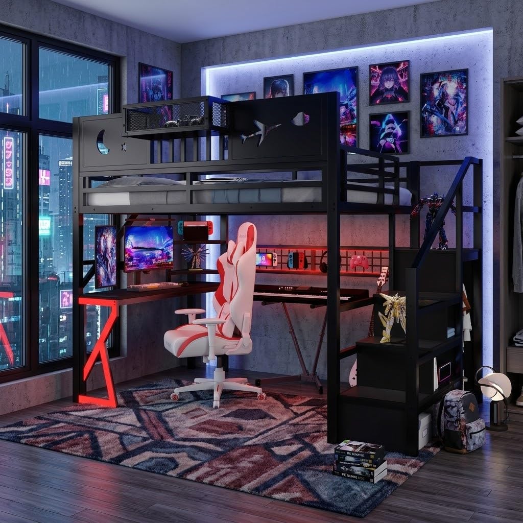 Diagram of KEIKI Full Size Loft Bed with dimensions