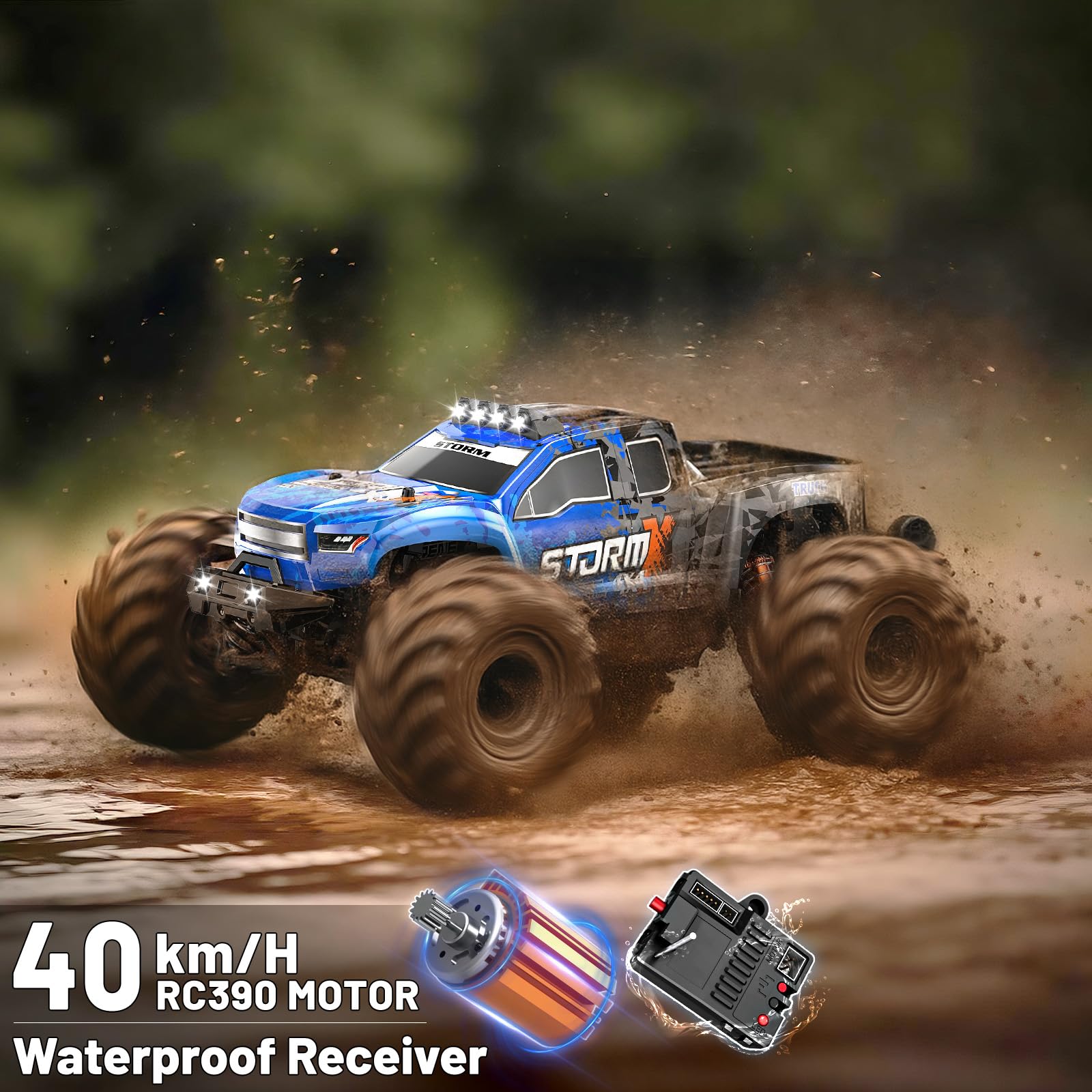 Macchina telecomandata professionale 1:14 Off-Road Monster Truck, 4x4 40 km/h, Veicolo Fuoristrada con 2 Batterie 1300mAh, Ammortizzatori in Metallo, 6 Luci LED, RTR Auto Radiocomandata 4WD