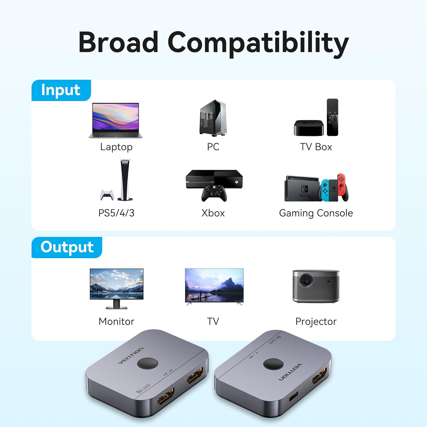 VENTION 131FT Wireless HDMI Dongle Transmitter and Receiver & 4K 120Hz HDMI Switch 2 in 1 Out