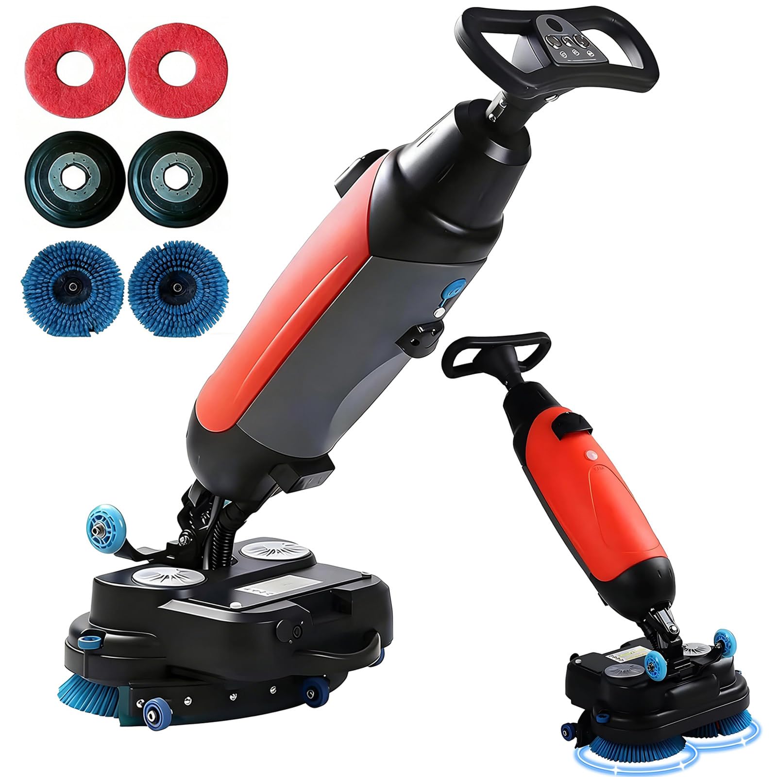 Fregadora de Suelos Profesional - Limpieza Profunda, Limpiadora de Suelos Eléctrica Ligera con Depósito de Agua Limpia/Residual, Cepillos Dobles Giratorios de 360°, Capacidad de 1200m²/h Red