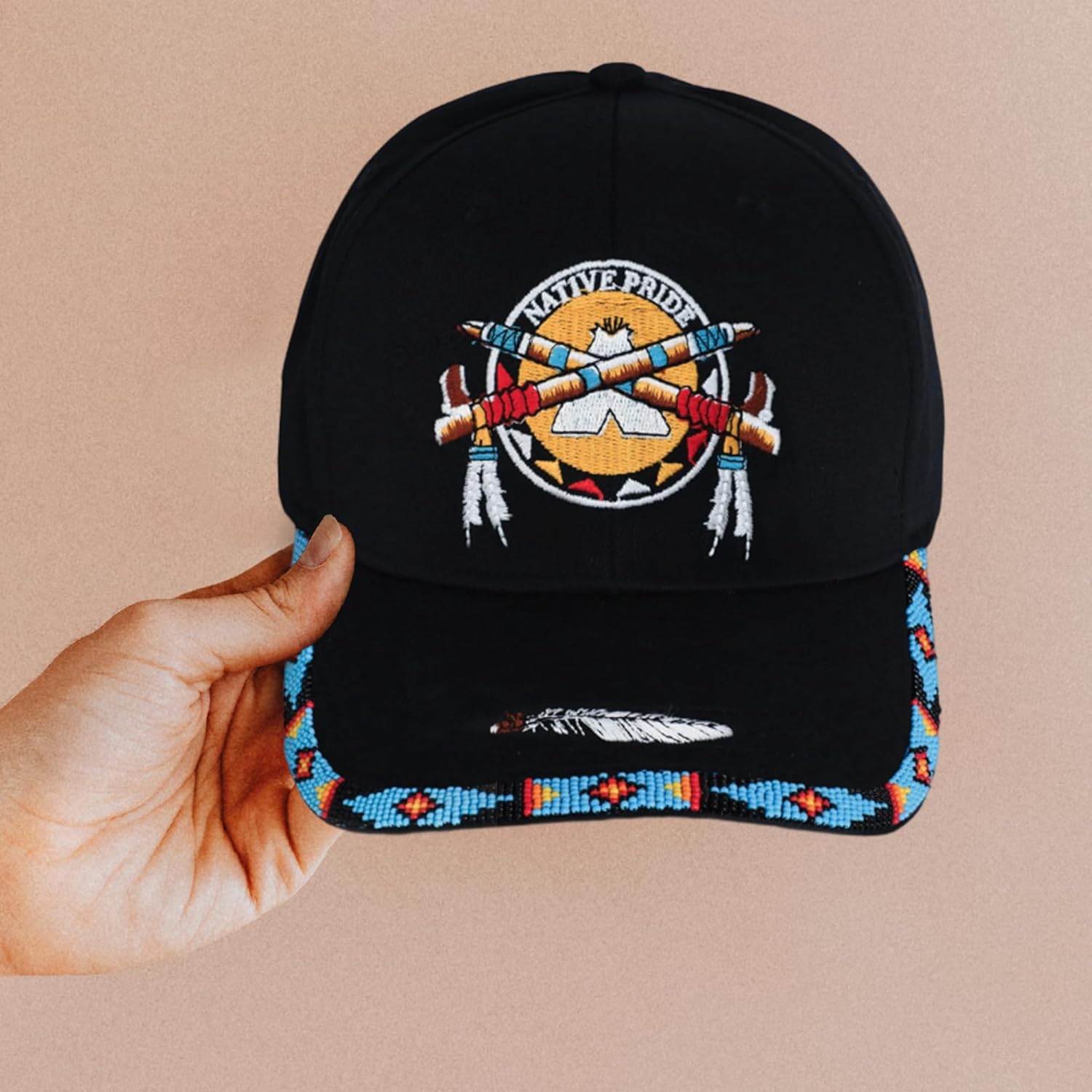Native American Baseball Cap with Embroidered Design and Handmade Beaded Brim, 3D Beaded Hat Gift for Mom or Dad