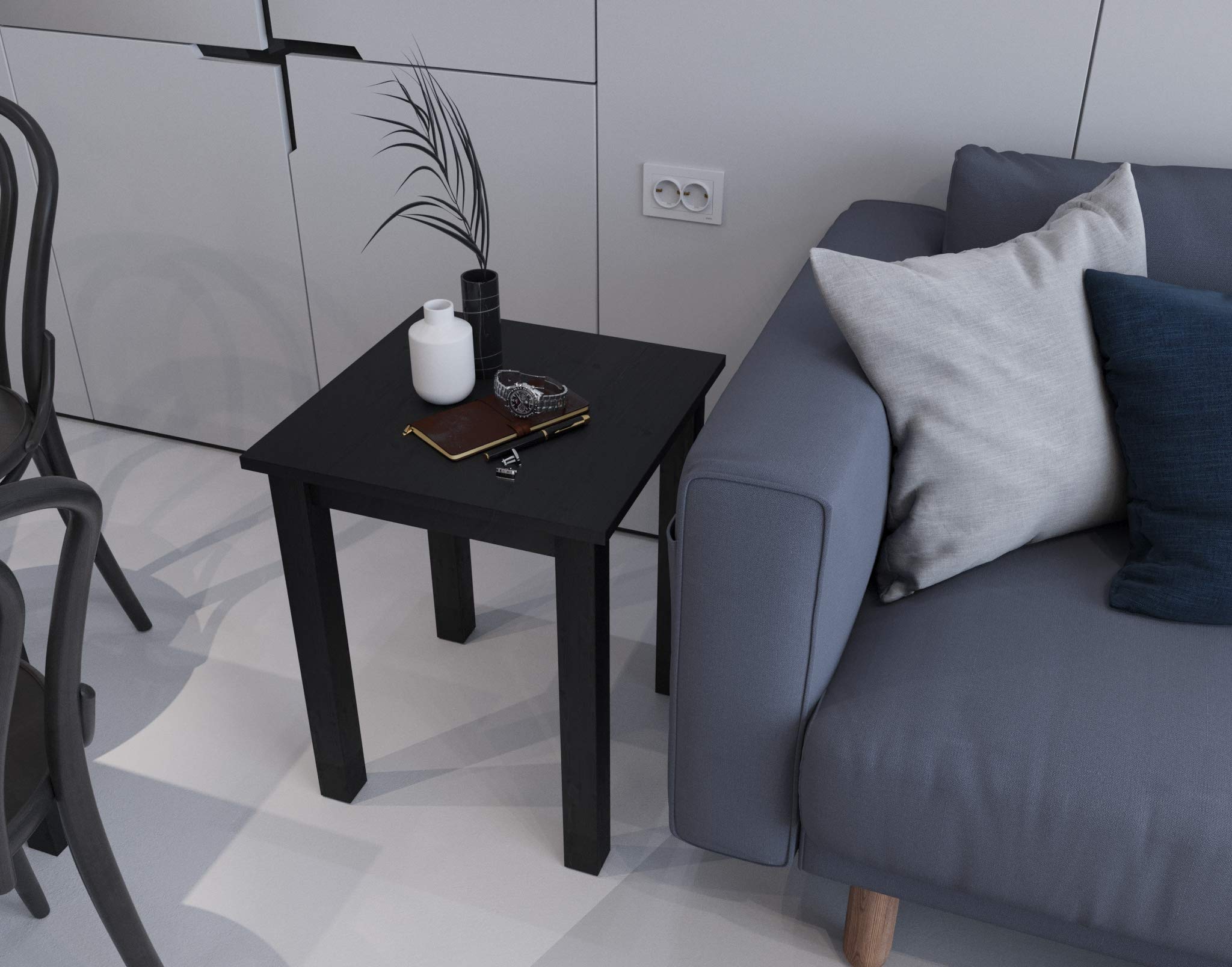 table Table basse salon moderne en bois massif, Pin nordique massif, 45 x 45 cm, hauteur 55 cm, noir