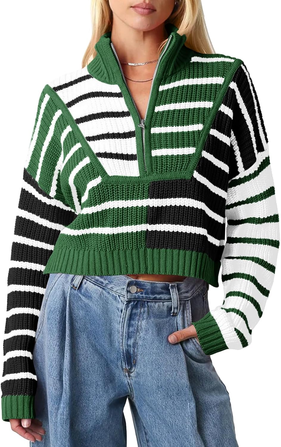 Saodimallsu Womens Striped Cropped Sweater Color Block Zip Up Long Sleeve Mock Neck Loose Pullover Jumpers