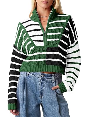 Saodimallsu Womens Striped Cropped Sweater Color Block Zip Up Long Sleeve Mock Neck Loose Pullover Jumpers