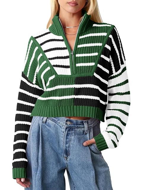 Saodimallsu Womens Striped Cropped Sweater Color Block Zip Up Long Sleeve Mock Neck Loose Pullover Jumpers