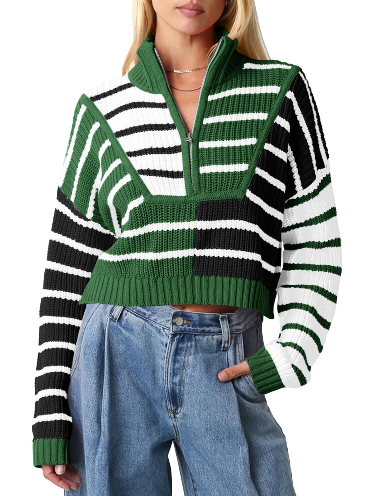 Saodimallsu Womens Striped Cropped Sweater Color Block Zip Up Long Sleeve Mock Neck Loose Pullover Jumpers