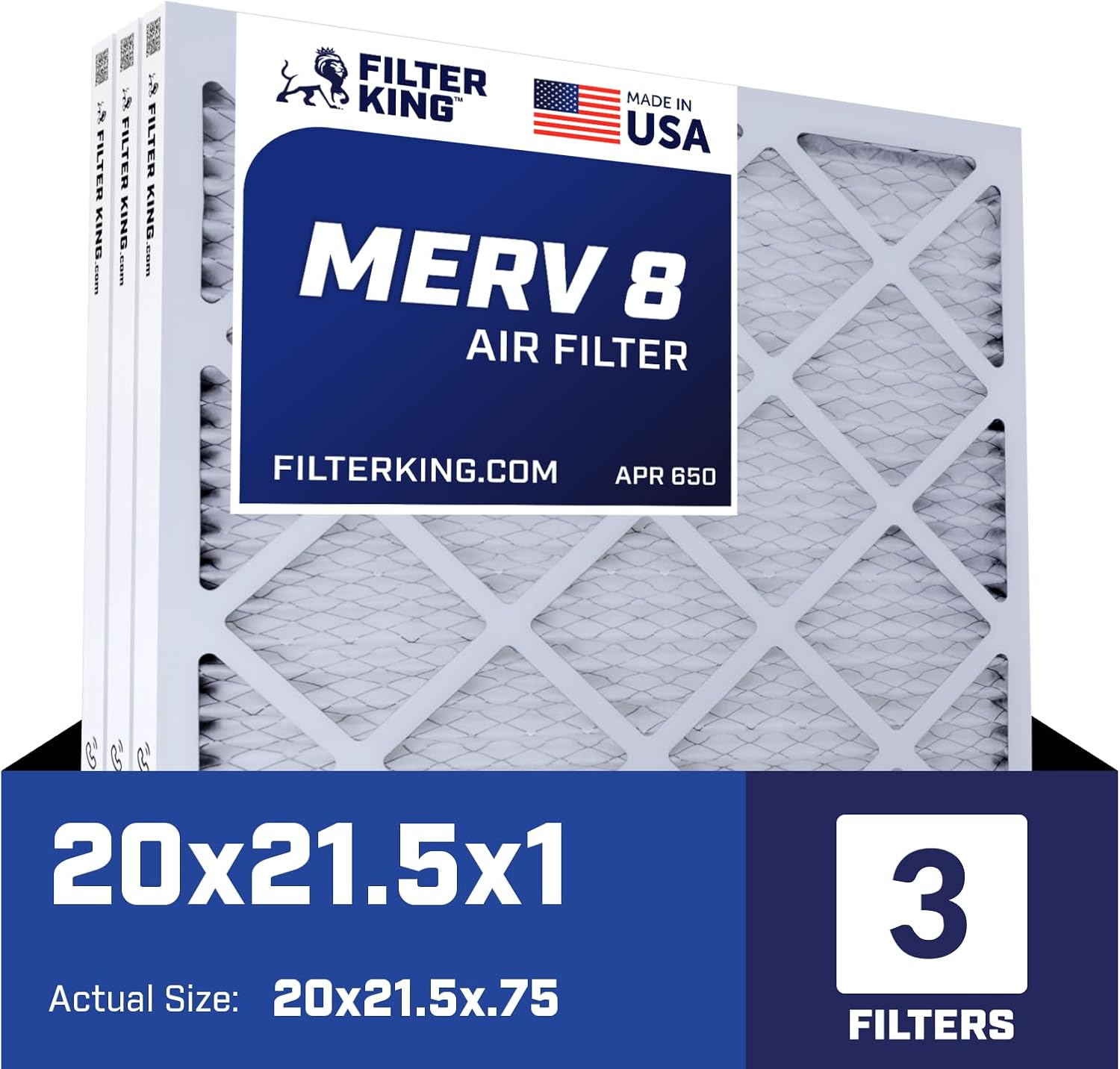 Filter King 20x21.5x1 Air Filter | 3-PACK | MERV 8 HVAC Pleated A/C Furnace Filters | MADE IN USA | Actual Size: 20 x 21.5 x .75"