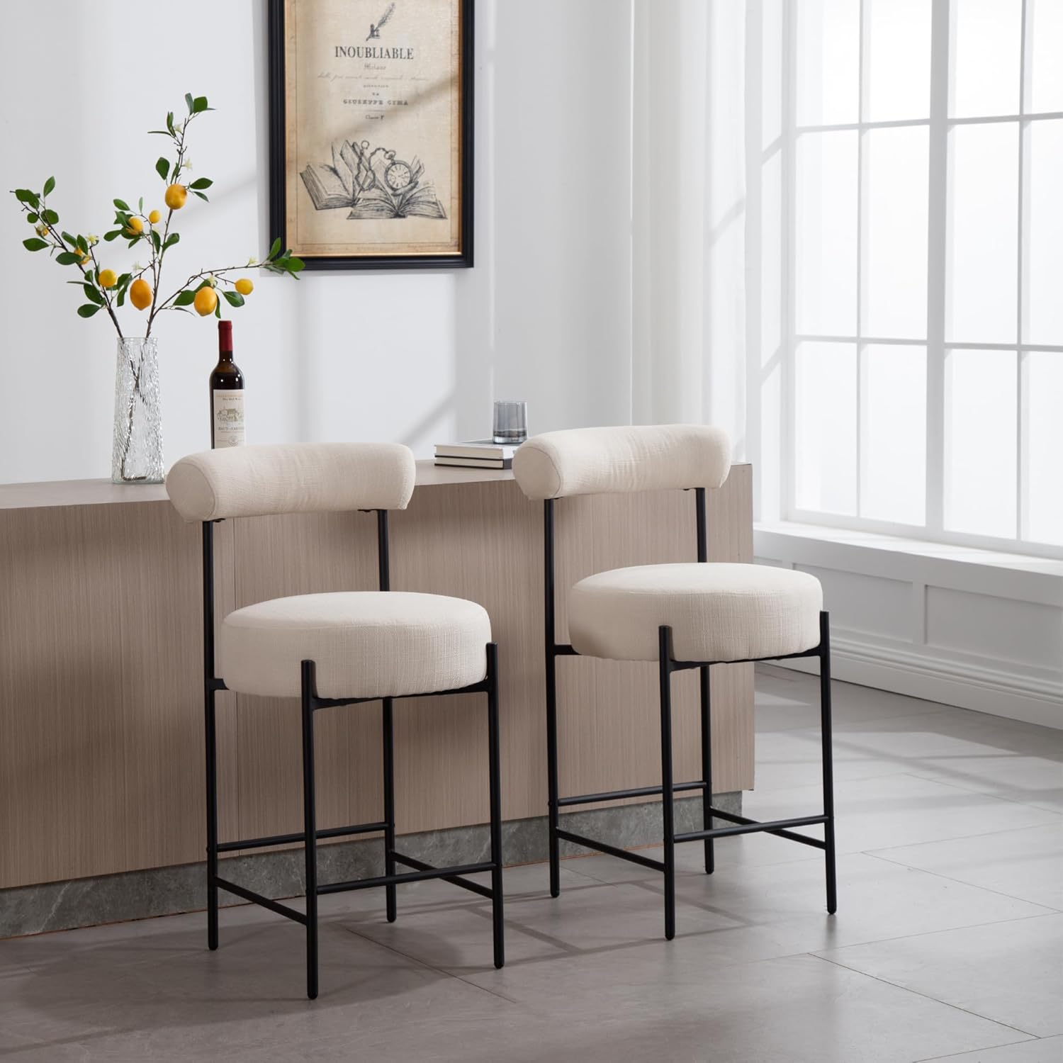 Shunzhi Beige Linen Counter Height Bar Stools Set of 4, Modern Boucle Barstools, Upholstered Counter Stools with Open Back/Metal Legs for Kitchen Island/Home Bar/Bistro,26''