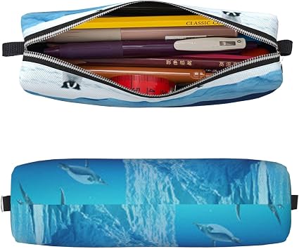 Penguins On The Iceberg Printed Leather Pencil Case with Silver Zipper - Simple and Lightweight Organizer for School, Office, Travel, Makeup