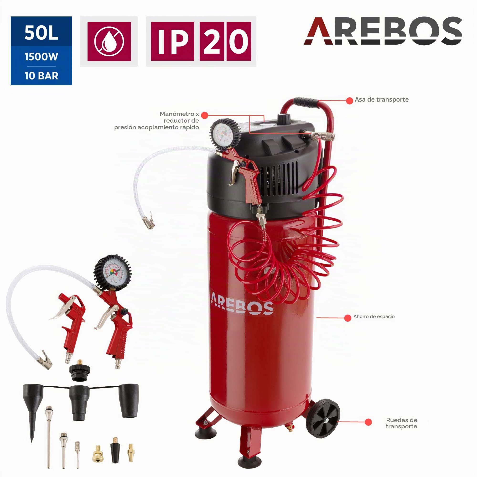 Arebos Compresor de aire comprimido |compresor de aire/compresor aire silencioso | Incluye 13 accesorios | Bajo mantenimiento | Apagado automático | Capacidad: 50 l, 30 l o 6 l (50 litros)