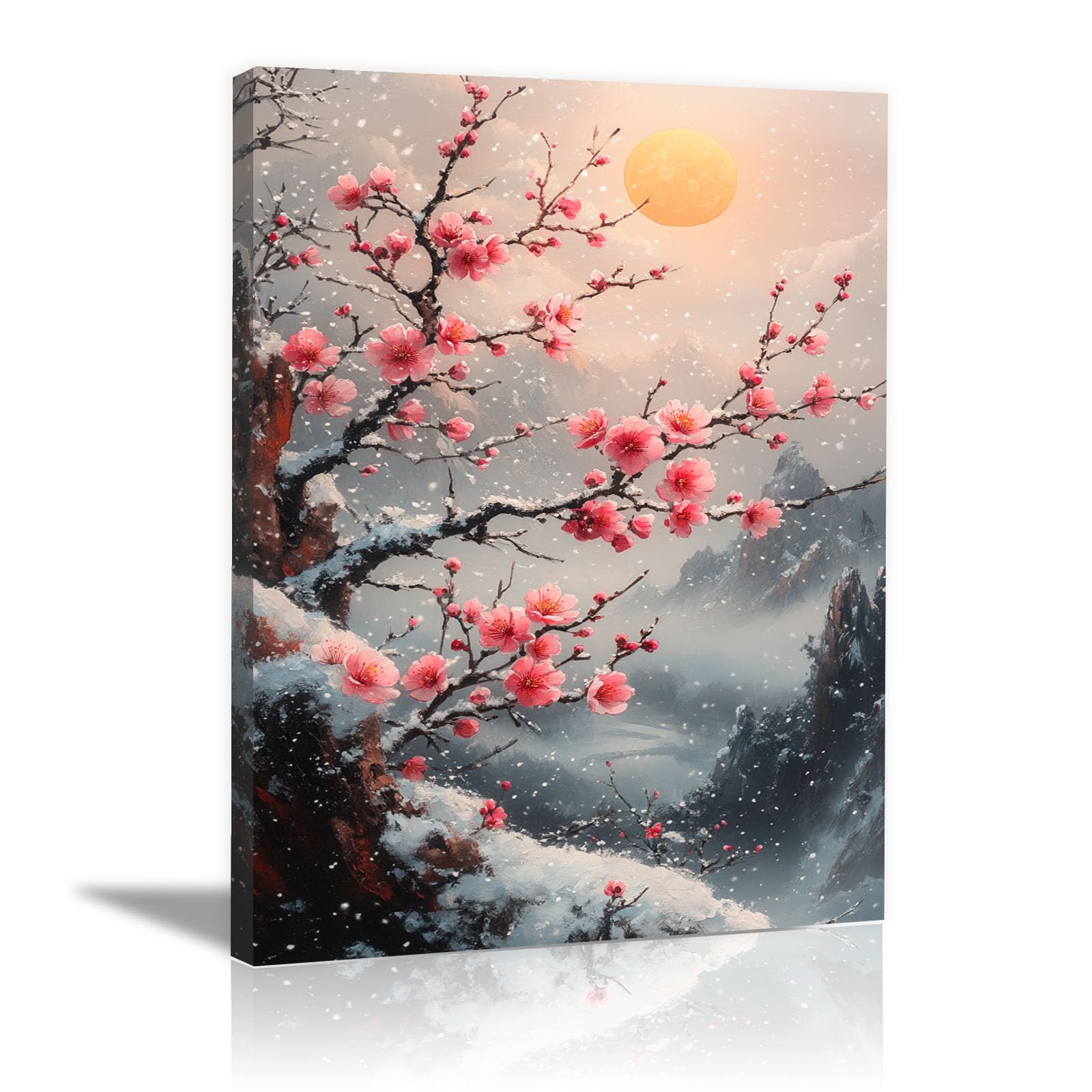TERUEA Cuadros Decoracion Salon yoga femenino flor salud Lienzos decorativos Flores de durazno y luna brillante en el viento y la nieve. para dormitorio, baño,（Rosa-40x60cm Enmarcado