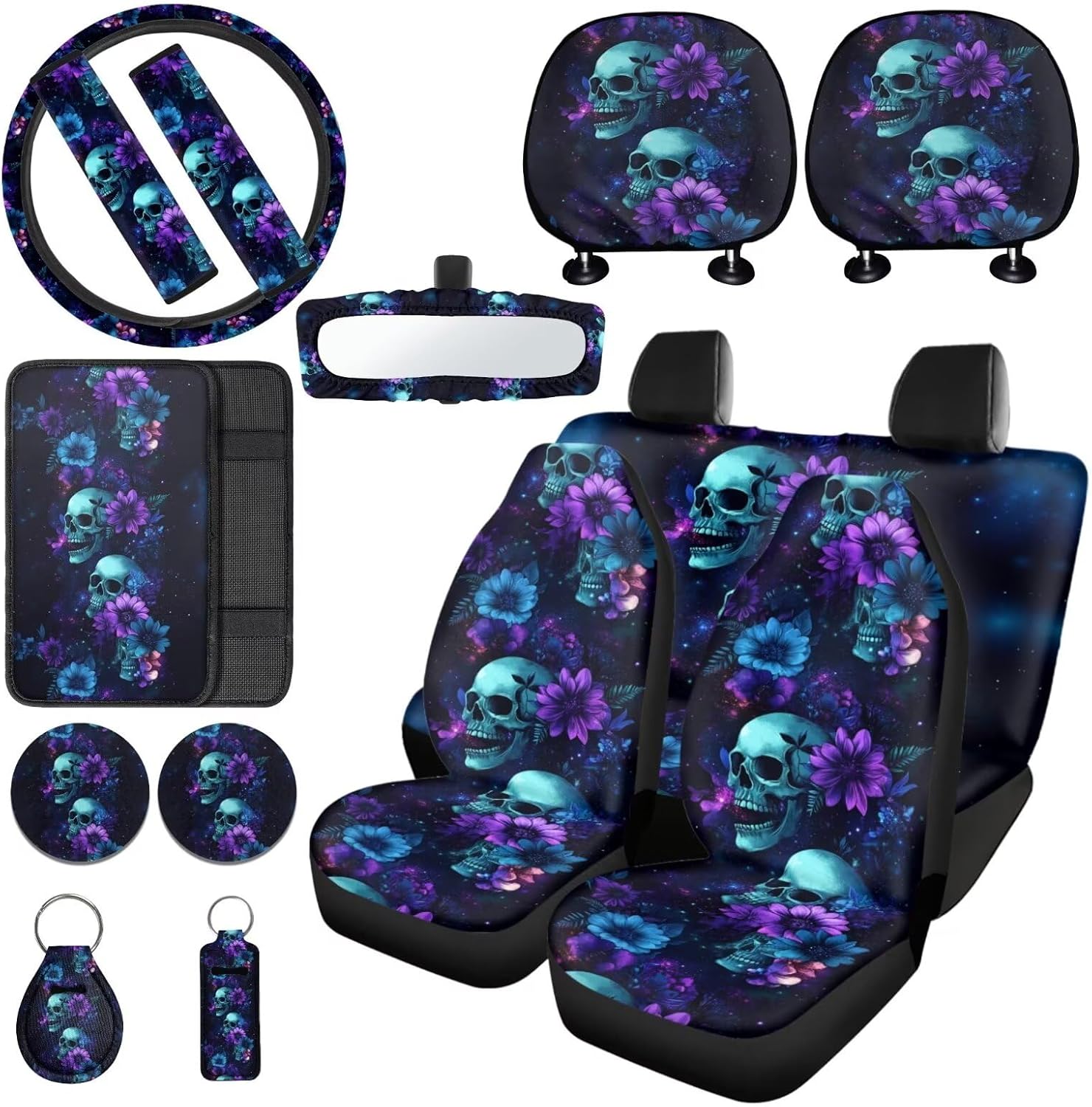 Skull Floral Printed Auto Seat Protector with Stretchable Armrest Pad Cover Waterproof Lipstick Holder Keychain Car Coaster Non Slip Car Seat Cover Full Set Auto Accessories Set, 15 Pack