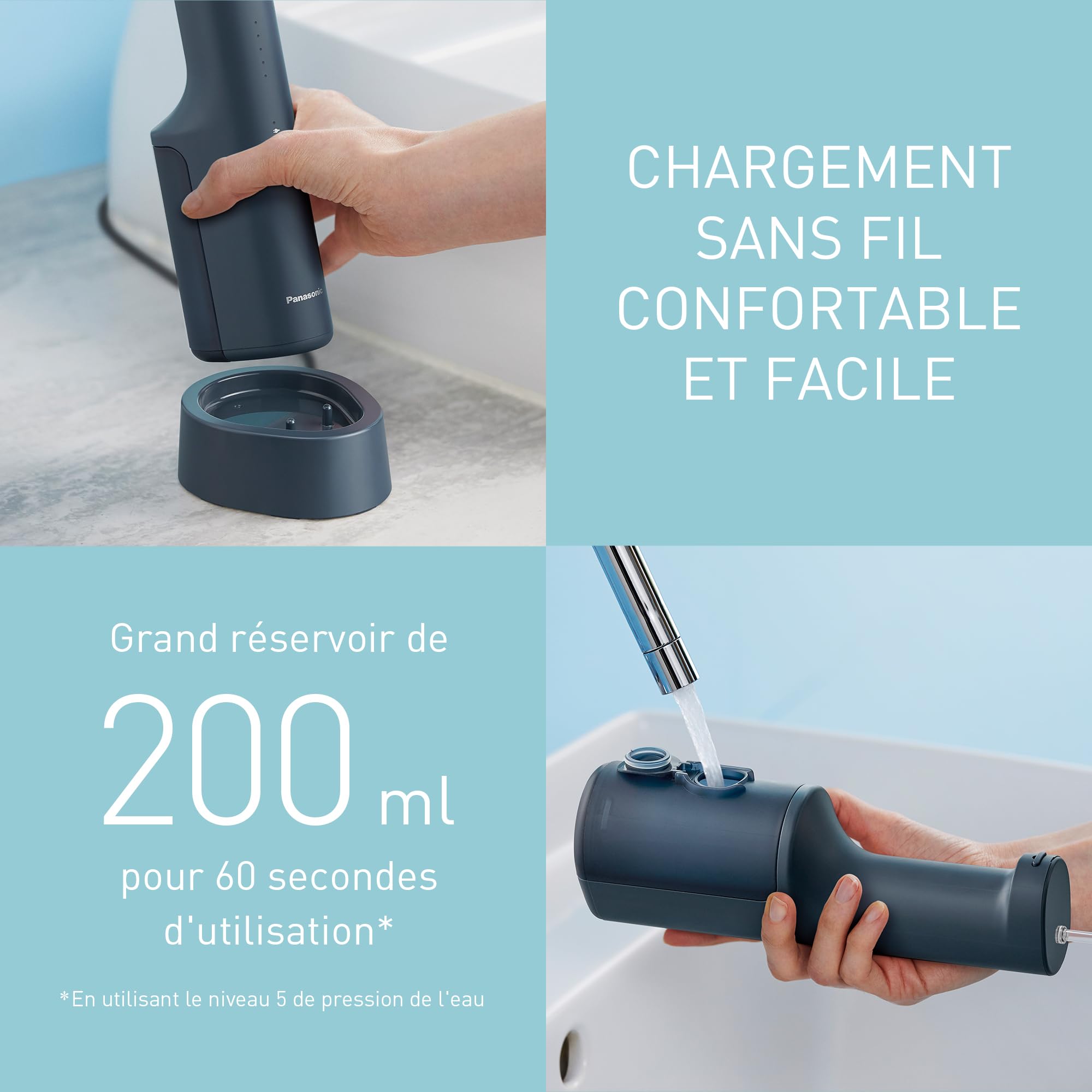 Panasonic Serie 600 Hydropulseur Dentaire Ultrasonique EW-DJ66-A303, Jet dentaire, Irrigateur Oral, 200ml, IPX7, 2 Embouts Standard, 5 Réglages de Pression, Accessoire de Voyage, Bleu Marine