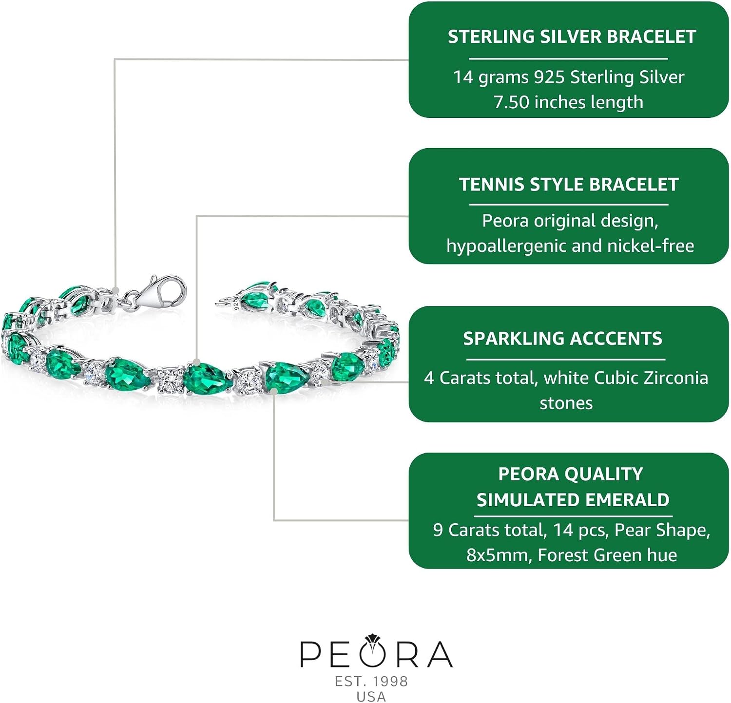 PEORA 13 Carats Simulated Emerald Tennis Bracelet for Women 925 Sterling Silver, Teardrop Pear Shape 8x5mm, 7.50 inch length, Green, May Birthstone