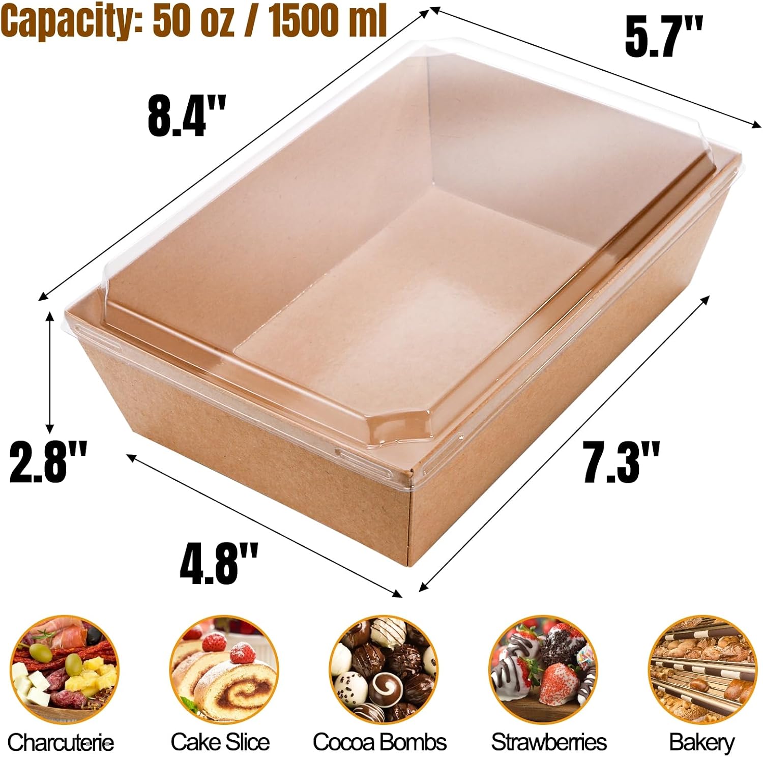 Hiceeden 50 Pack Charcuterie Boxes with Clear Lids, 8.4"×5.7"×2.8" Paper Bakery Dessert Sandwich Box, Disposable Large Food Containers for Cookies, Donuts, Muffins, Salad, and Pastry, Brown image 2