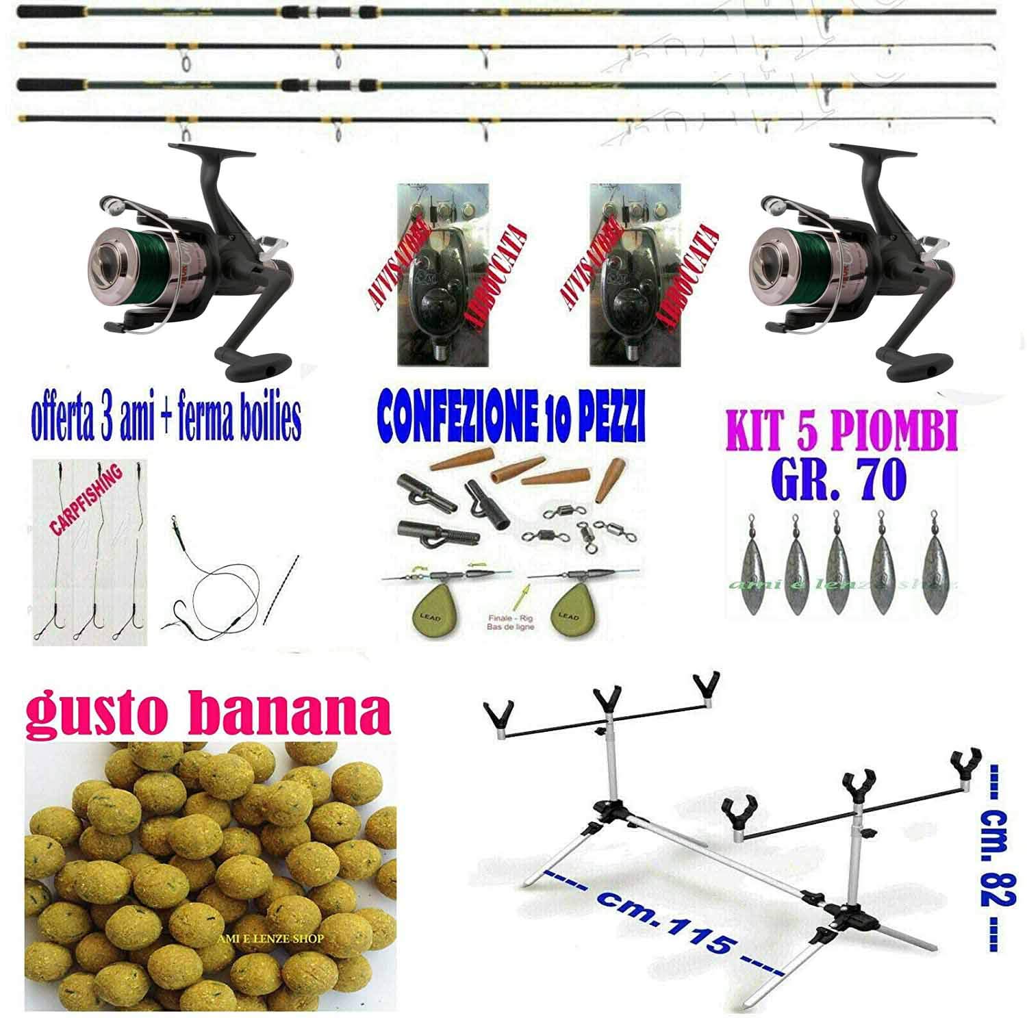 Kit Pesca Carpfishing Canna Mulinello Filo Avvisatori Piombi Ami Boilies Rod Pod
