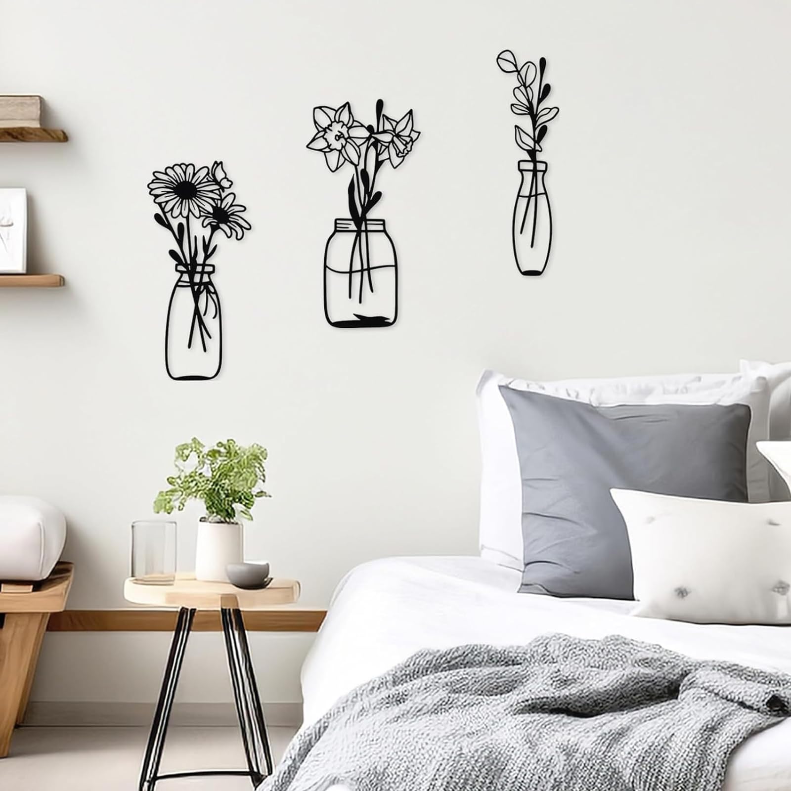3 stuks zwarte metalen wanddecoratie, bloemen en vazen, moderne wanddecoraties, minimalistische kunst, wandafbeeldingen voor thuis, slaapkamer, woonkamer, badkamer, galerij, hal (bloemenvaas