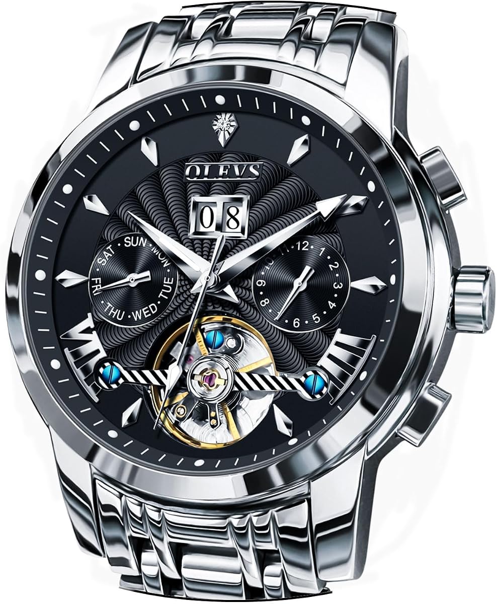 OLEVS Men Automatic Watch Stainless Steel Skeleton Mechanical Date Calendar Luxury Classic Business Waterproof Luminous Wrist Watches