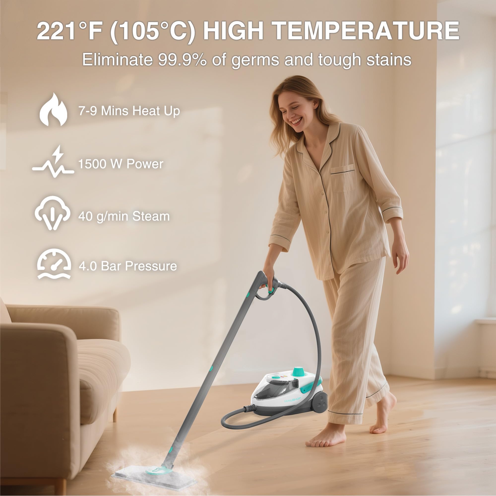 HAUSHOF Steam Cleaner, 1500W Powerful Steam Cleaner for Home with 19 Accessories & 51Oz Water Tank, Chemical-Free Multipurpose Portable Steambot for Floor, Tile, Grout, Couch, Window & Car