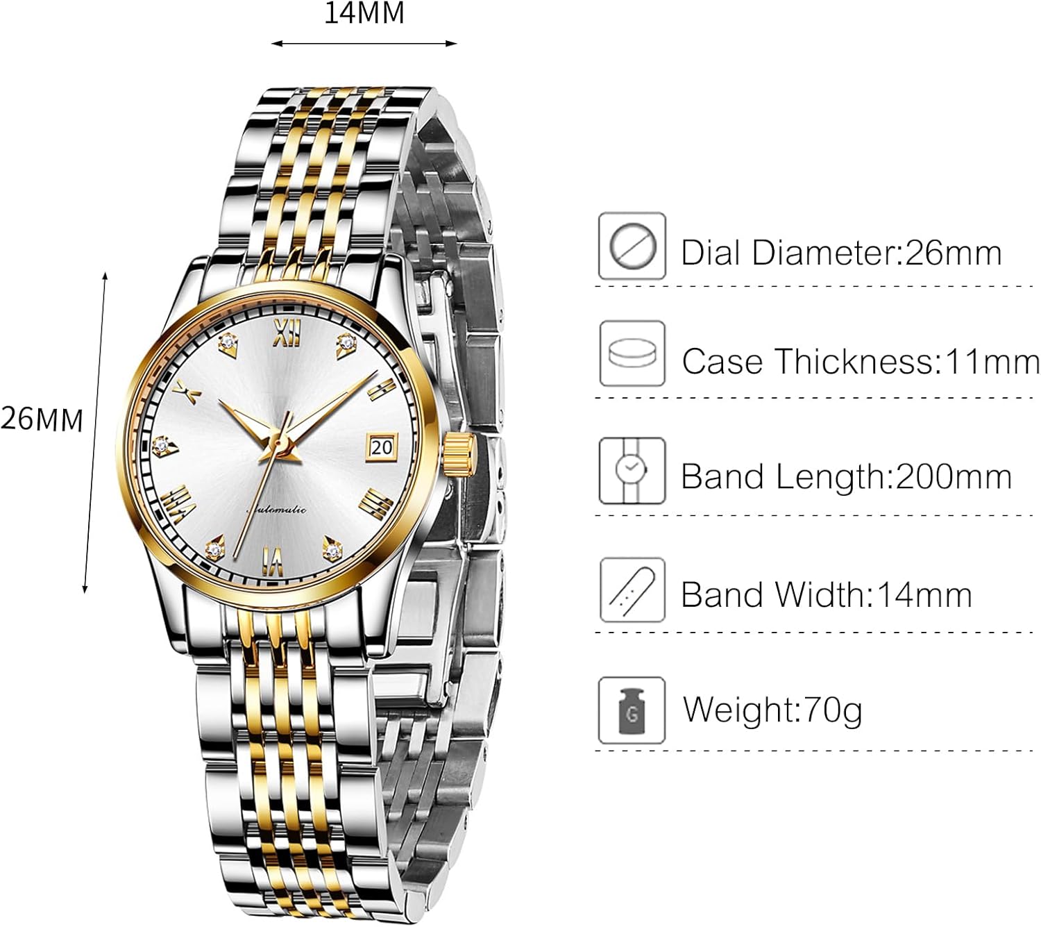 RORIOS Women's Automatic Watch Self-Wind Auto Mechanical Watch with Stainless Steel Band Calendar Fashion Women Watch Luminous Wristwatch for Ladies