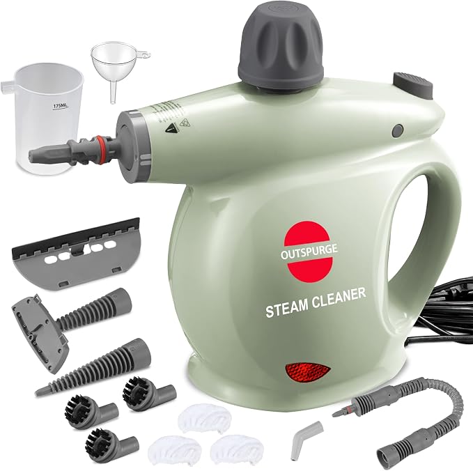 Handheld Steam Cleaner, Pressurized Multi-Surface Steam Shot with 13 Accessories, Safety Lock, Steamer for Cleaning Floor, Upholstery, Grout, Windows, Couch and Car, Green