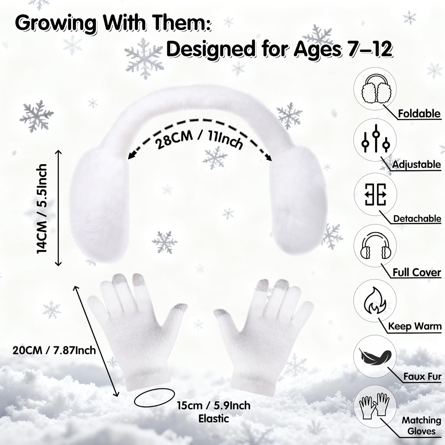 BEARAE Winter Ear Muffs Gloves Set, Fuax Fur Earmuffs with Glove, Foldable Fluffy Ear Warmer Muff for 7-12T Kids Girls Boys - Image 2
