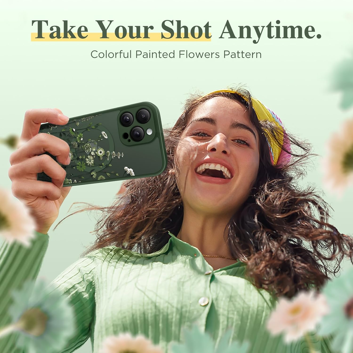 GVIEWIN for iPhone 16 Pro Case Compatible with MagSafe, [Military Grade Protection] [Screen Protector] Full Camera Protection Floral Translucent Women Magnetic Phone Case, Floratopia/Forest Green - Image 9