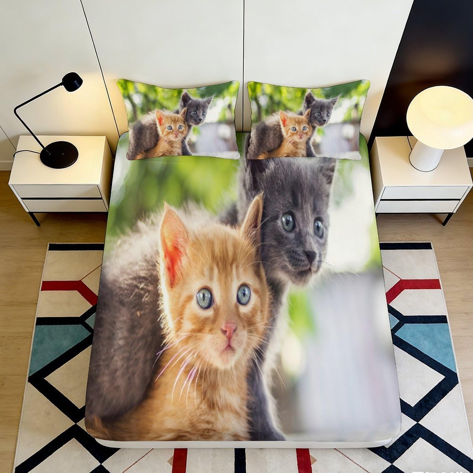 3D Printed Orange Tabby Cat Fitted Sheet Microfiber Non-slip Gray Kitten Mattress Cover for Bedroom Guest Room Decor 120x200x25cm