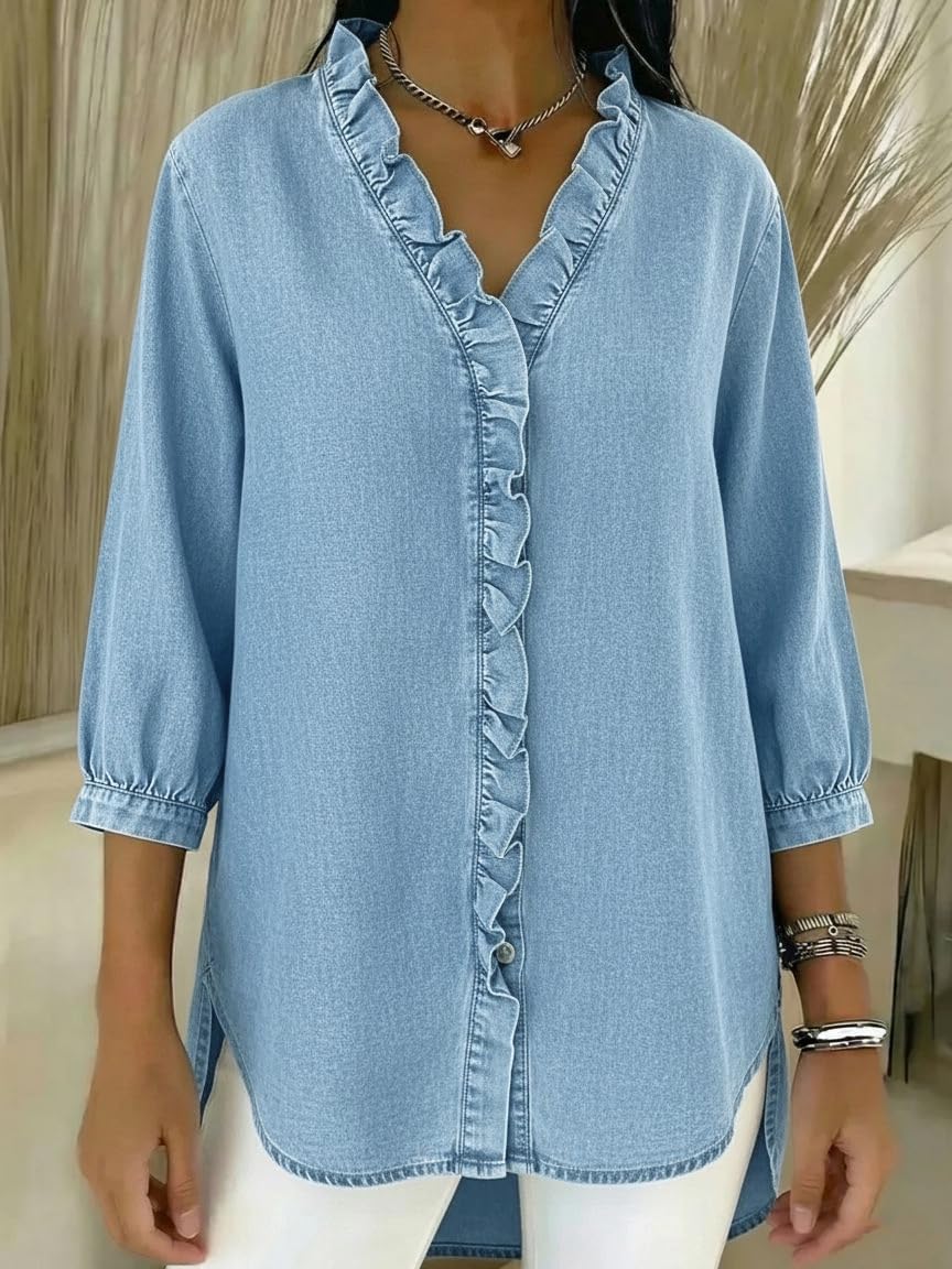 chouyatou Women's 2026 Ruffle Button Down Denim Shirt Casual V Neck 3/4 Sleeve Jean Tunic Blouse Tops