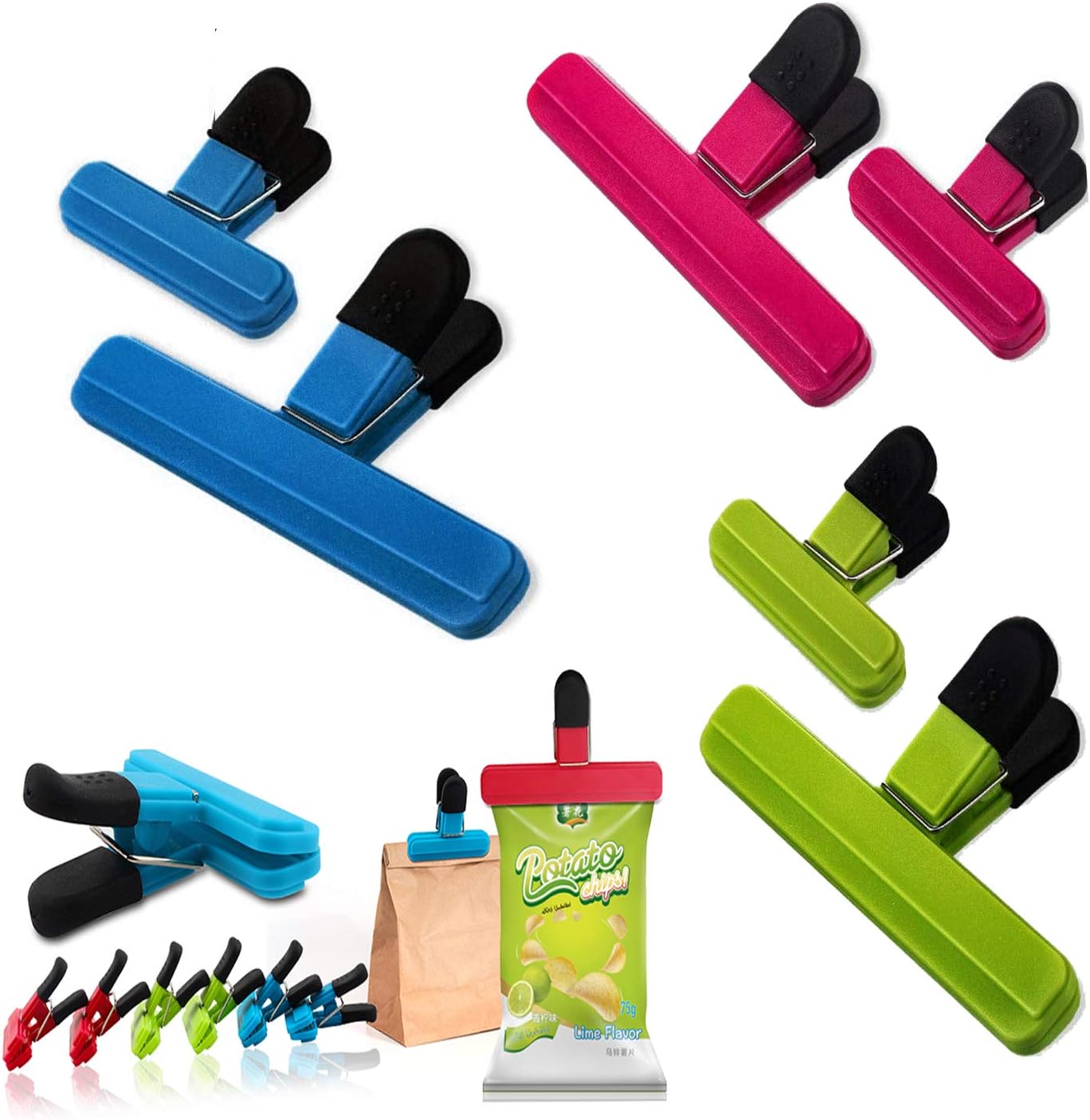 WedFeir 6pcs Large Chip, Food Bag Sealing Clips, Plastic Heavy Duty Air Tight Seal Grip for Coffee Potato and Food Bags. (Assorted Colors)