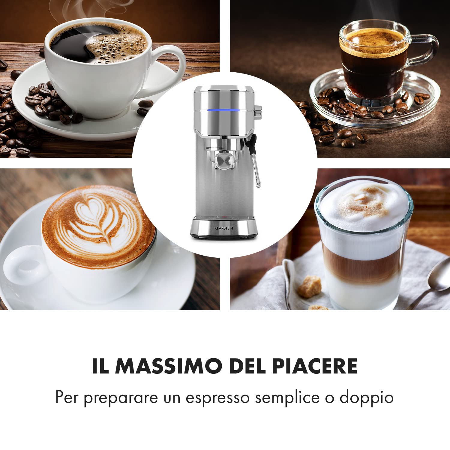 KLARSTEIN Futura - Macchina per Caffè Espresso, per Cappuccino, Macchinetta per Caffé Macinato, 1450W, 20 bar, Qualità Professionale, Sistema Thermo-Block, Doppio Erogatore, Montalatte, Argento