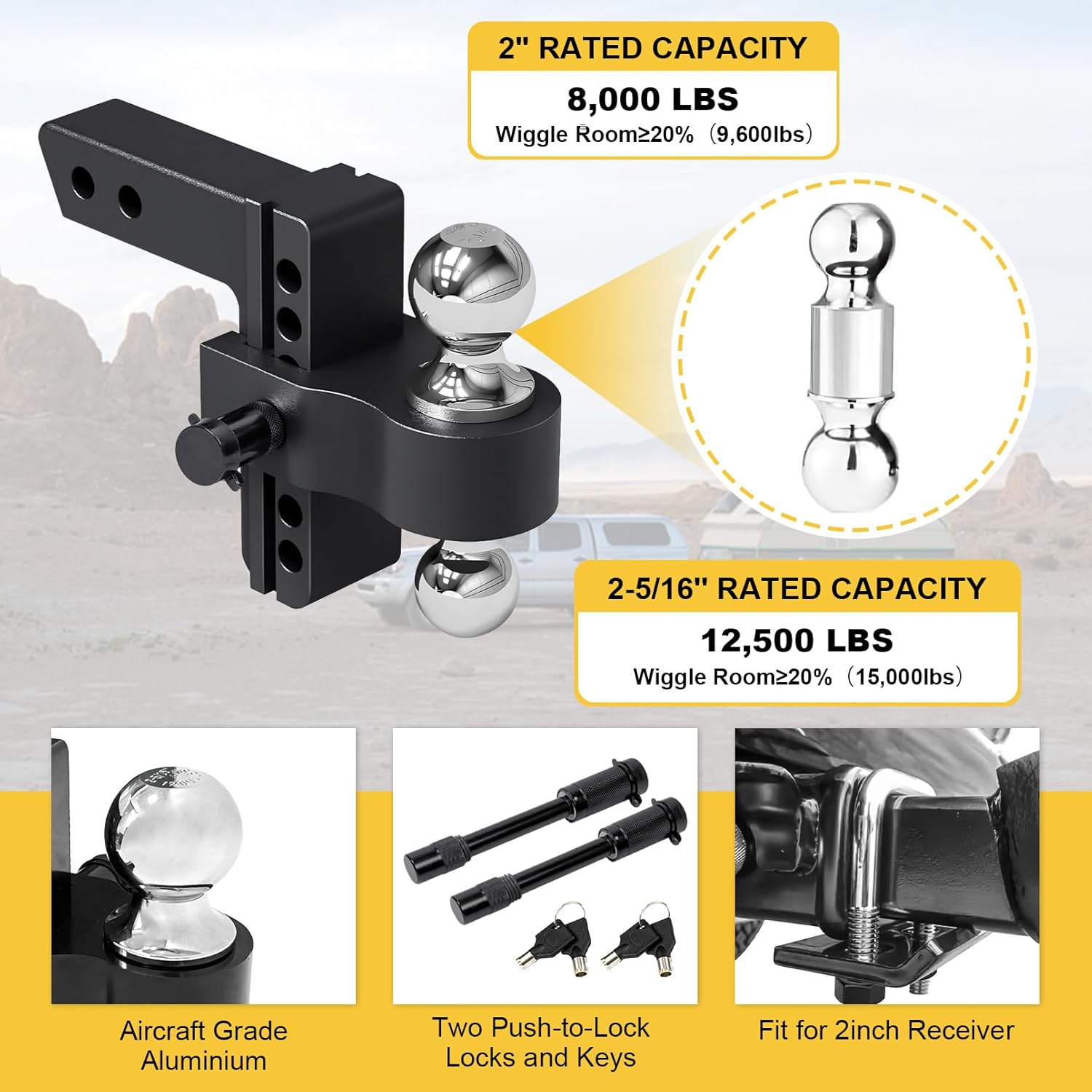 Adjustable Trailer Hitch Mount with 2" and 2-5/16" Ball, Fit 2" Receivers, 6" Drop/Rise, 12,500LBS Aluminum Heavy Duty Trailer Hitch for Trucks 1 Hitch Tightener 2 Locking Hitch Pin