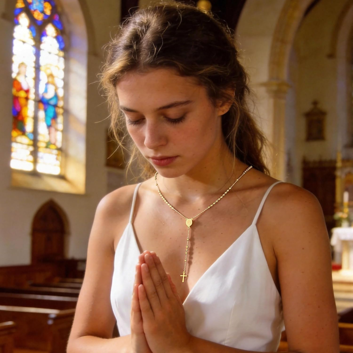 Rosary Cross Necklace for Women, Gold Plated Silver Black Virgin Mary Rosary Bead Necklace Catholic Jewelry - Image 5