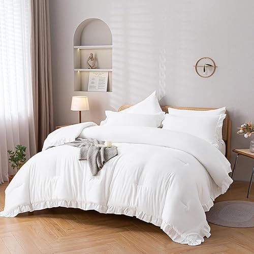 Miniatura 5 de JANZAA - Juego de 1 edredón acolchado tamaño queen y 2 fundas de almohada,con volantes, suaves, de estilo vintage, campestre, shabby chic para todas