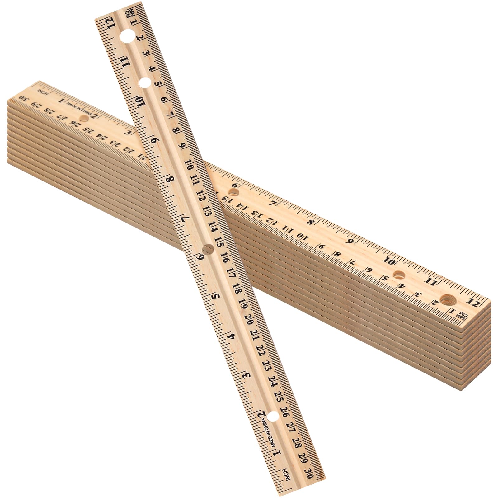 12 Pack 12 Pack Christmas Wooden Ruler Gifts 12 Inch (30cm) Bulk Wood Measuring Ruler Straight Metal Edge with 4 Holes for Teacher School Office Drafting Classroom Supplies, 2 Scale