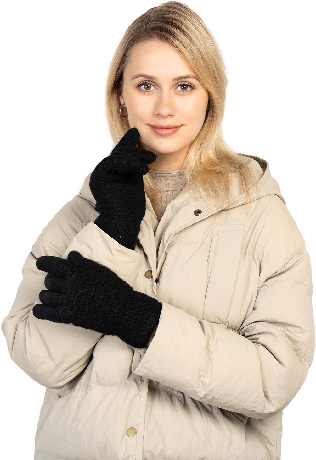 FENELY Women's Winter Warm Touch Screen Gloves Womens Thermal Cable Knit Wool Fleece Lined Gloves for Cold Weather