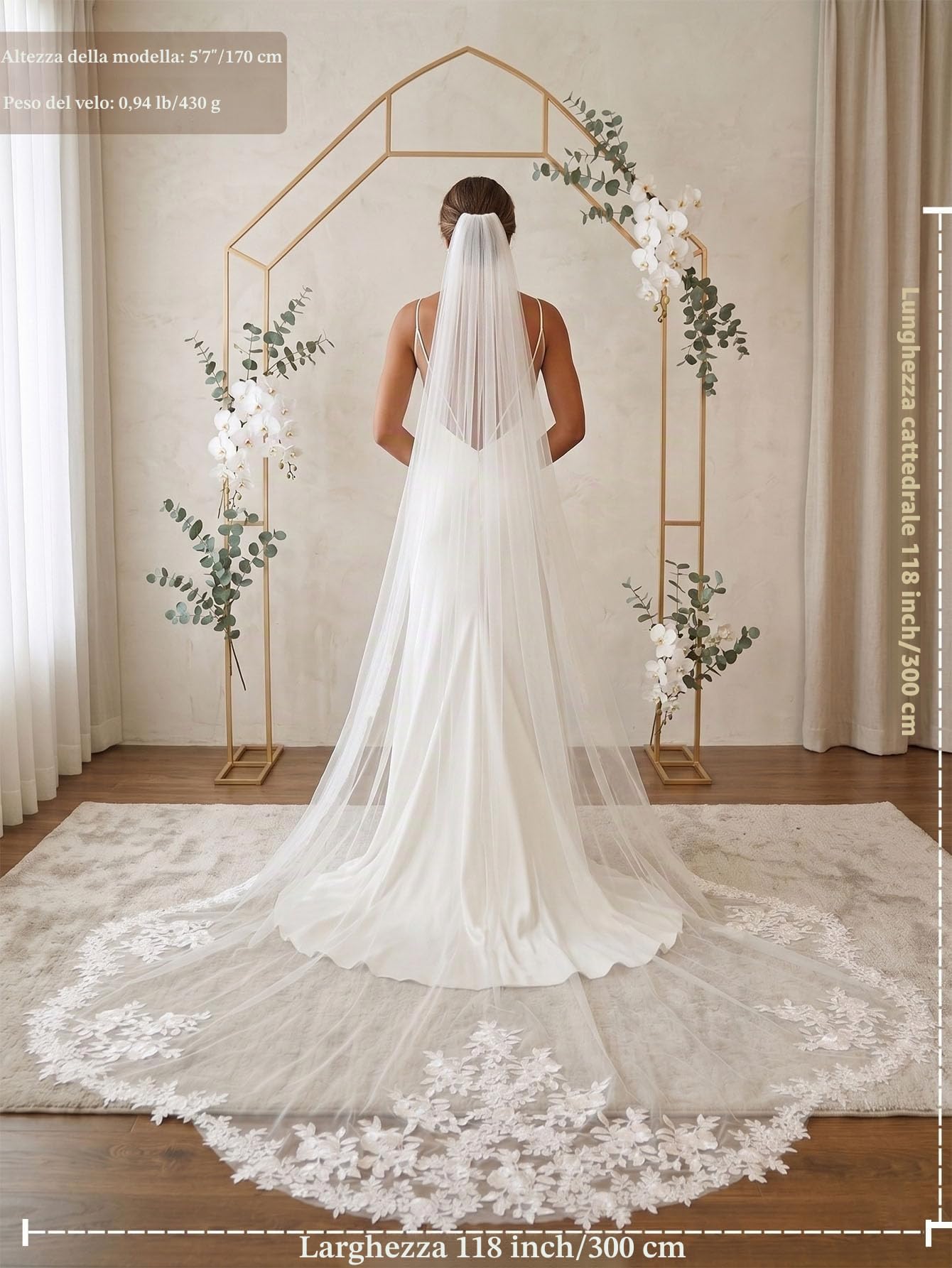 EllieWely Velo da sposa lungo in pizzo a 1 piano, lunghezza cattedrale, F17, bianco, 3M*3M (118 inch)