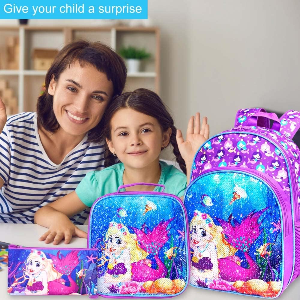 UFNDC 3PCS Backpack for Girls with Lunch Box,16”Kids Sequin Bookbag with Lunch Box, School Bag for Elementary Toddler - Image 7